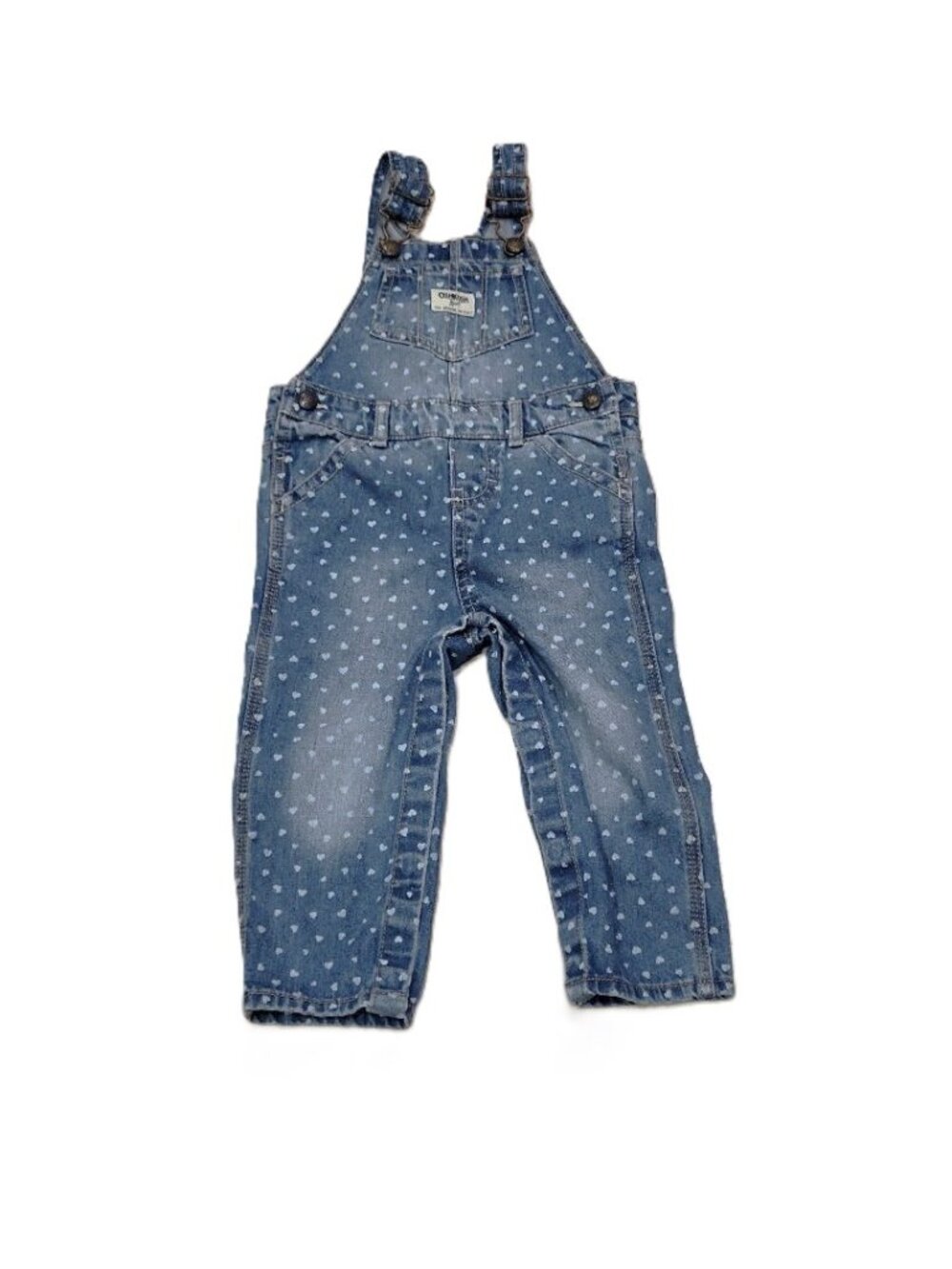 OshKosh Overalls Kids 24 Months Blue Hearts All Over Print Faded Denim Bibs